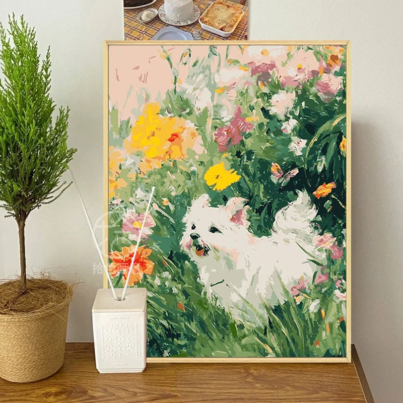 花园比熊犬小狗数字油画diy填充涂色手工绘治愈系丙烯油彩装饰画