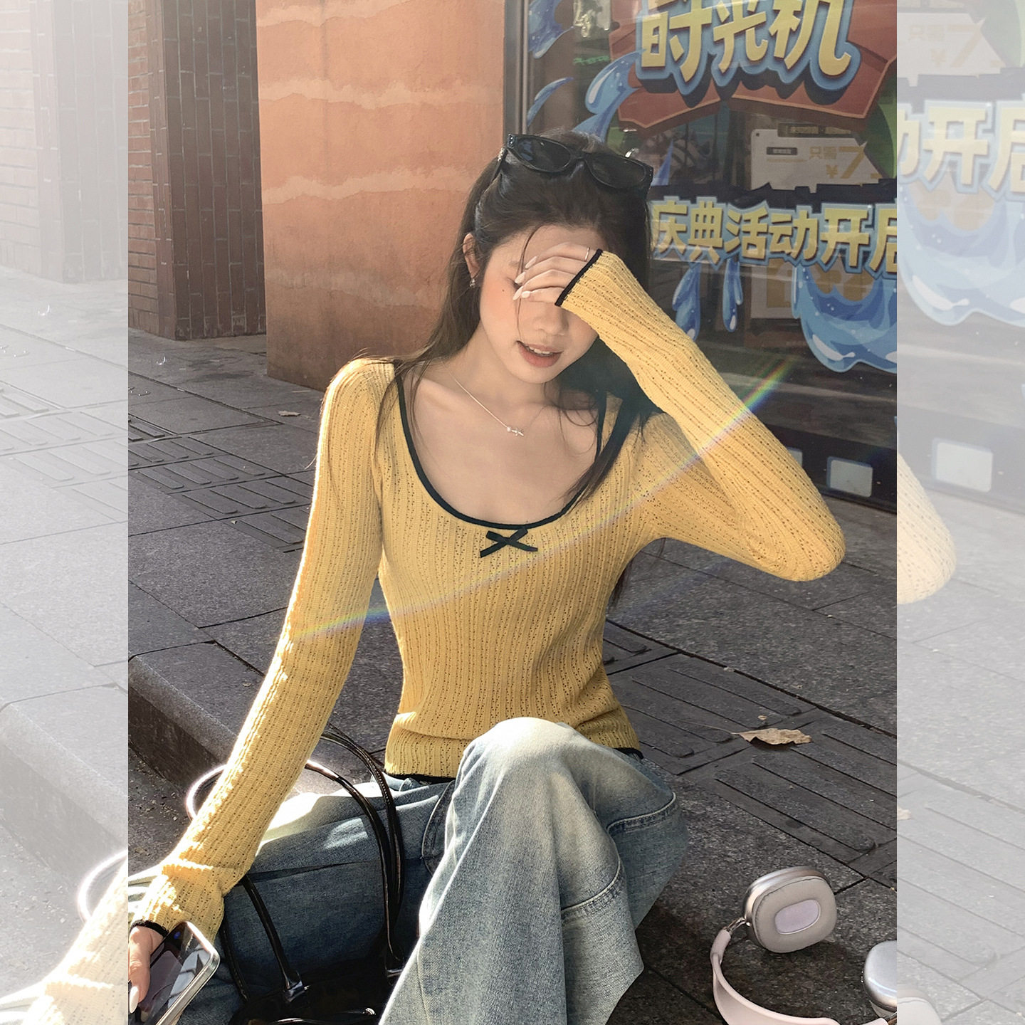 蝴蝶结撞色毛针织长袖T恤女韩系早秋穿搭正肩修身内搭打底衫上衣,女装/女士精品,毛针织衫,淘宝优惠券,粉丝福利购,淘宝优惠卷