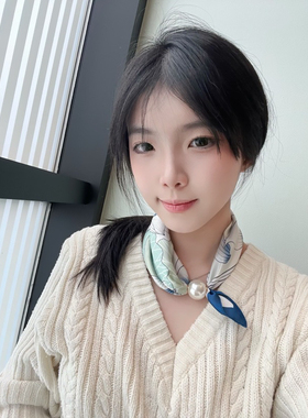 国风印花珍珠磁吸扣项链小丝巾女春夏季薄款装饰长条领巾百搭围巾
