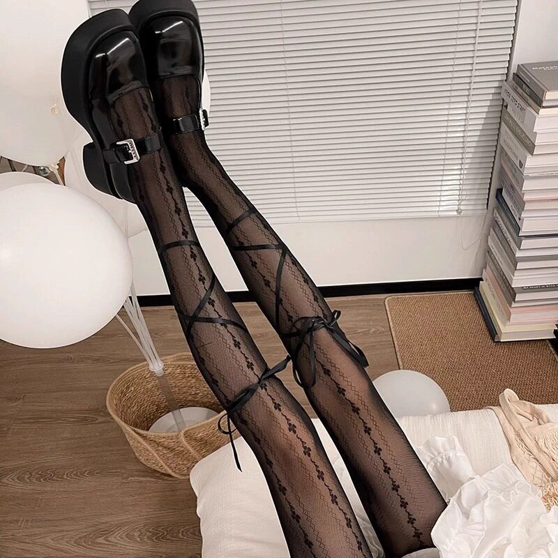 日系芭蕾风丝袜女薄款纯欲防勾丝jk法式复古绑带黑丝打底裤袜鞋带