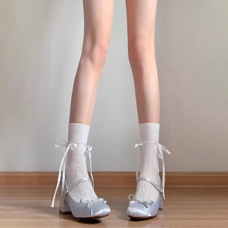 蝴蝶结袜子芭蕾风丝带玛丽珍中筒袜女夏季薄款韩系白色小腿袜鞋带