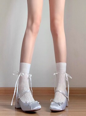 蝴蝶结袜子芭蕾风丝带玛丽珍中筒袜女夏季薄款韩系白色小腿袜鞋带