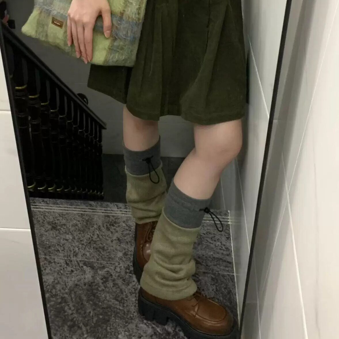 古早绿色植物系少女堆堆拼接袜套