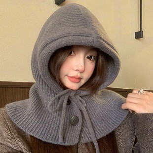 巴拉克拉法帽子女秋冬保暖针织毛线帽子围巾一体连帽围脖护颈冬季