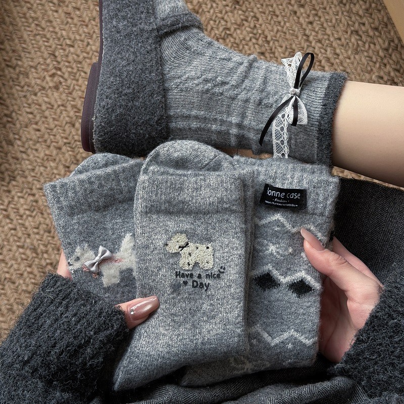 秋冬韩版卡通小狗蝴蝶结厚中筒袜