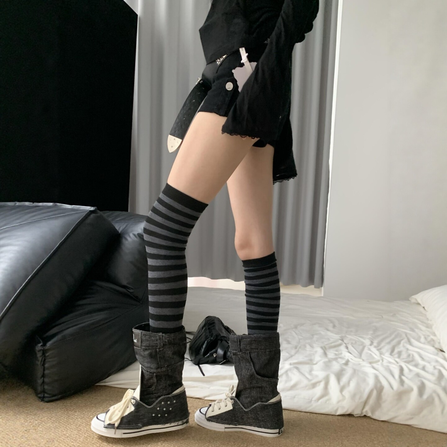千禧风条纹古早萌百搭拼接长筒袜