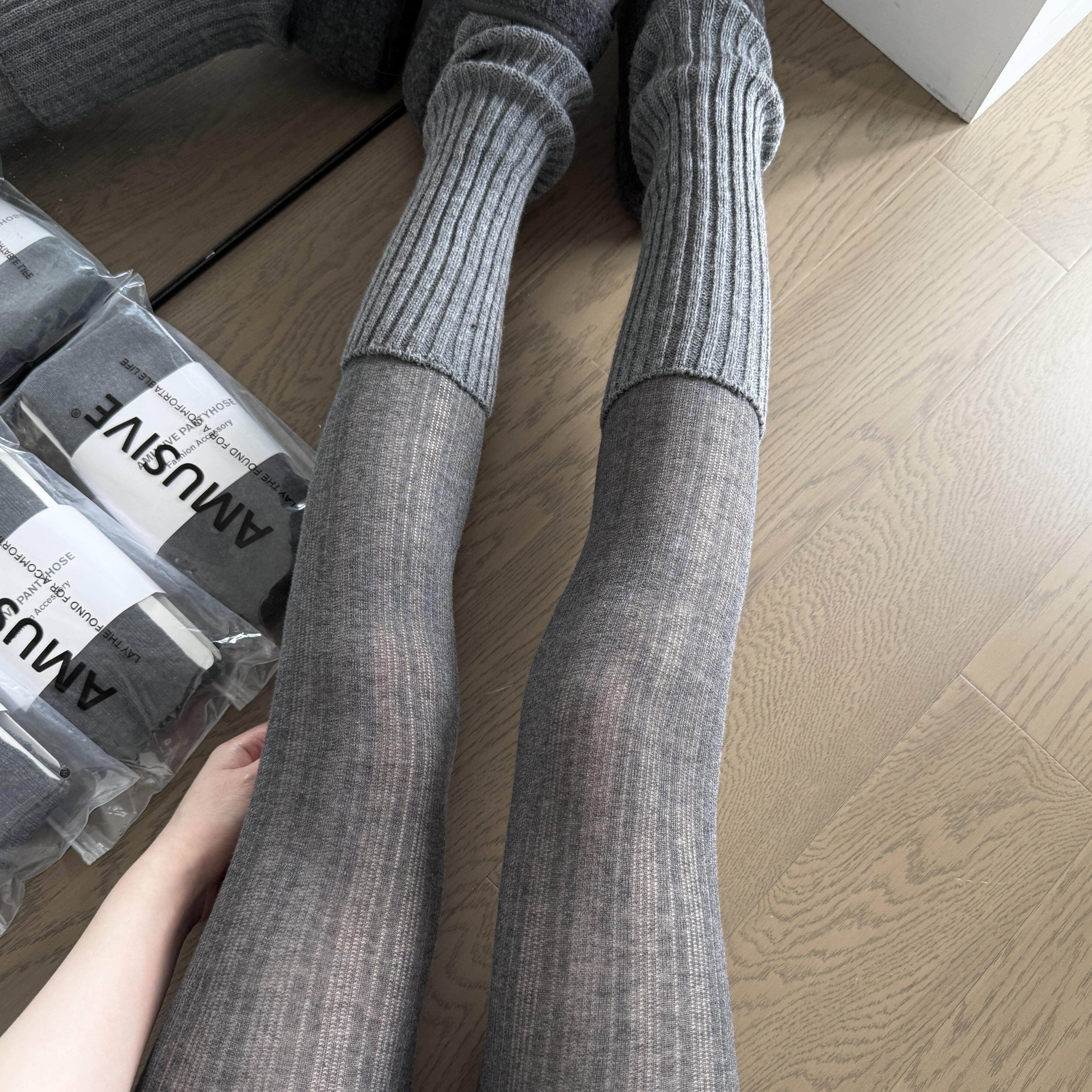 格雷系深灰竖纹微透连裤袜女秋冬