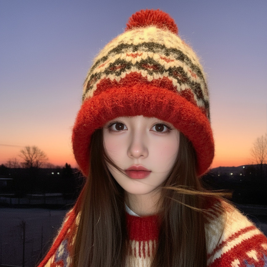 复古红色费尔岛风针织帽子女款2026新款冬大头围显脸小保暖毛线帽