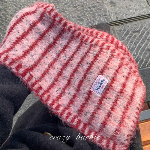 草莓粉色韩系氛围感条纹针织围巾