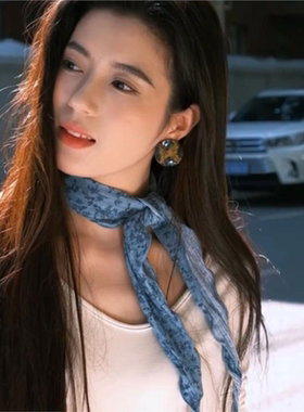 蓝色碎花双面三角巾文艺复古小丝巾女春夏时尚装饰小领巾围脖配饰