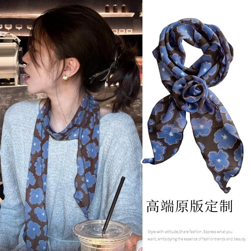 蓝色花朵丝巾寄脖丝带脖子配饰女