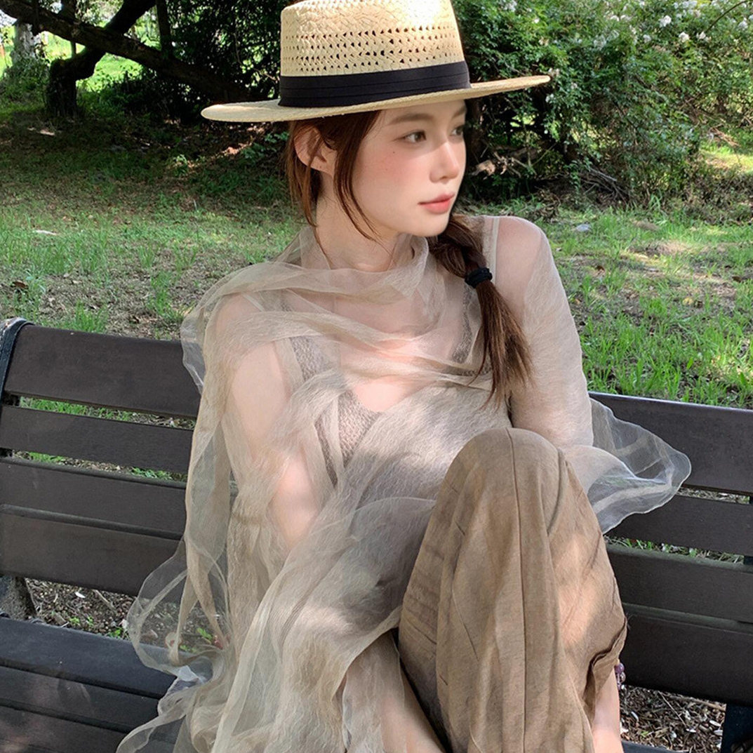 森系文艺欧根纱透明丝巾披肩女夏