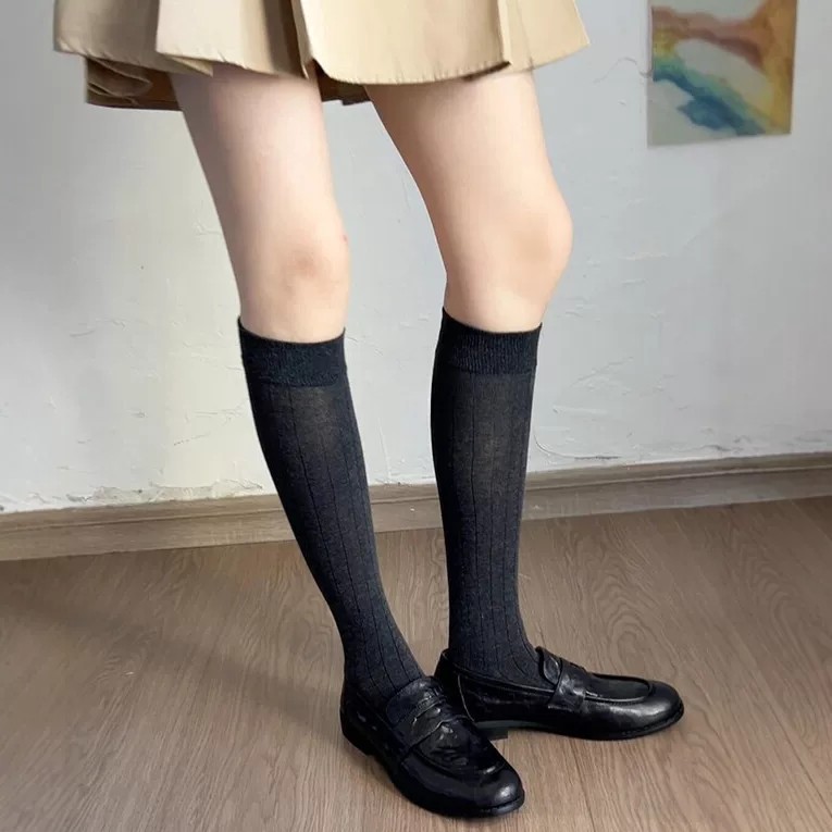 显瘦小腿袜深灰色复古宽条长筒袜