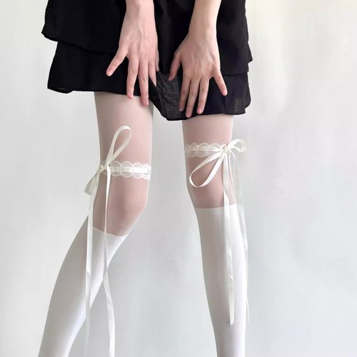 纯欲奶白色拼接连裤袜薄款女鞋带