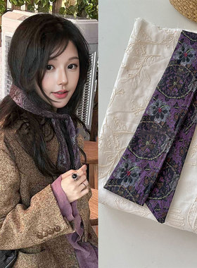 暗紫色复古印花丝巾女2025新款系脖子女衬衫配饰围脖长条巾腰带新