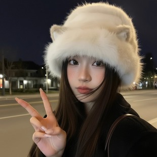 可爱猫耳朵毛绒绒渔夫帽子女款2025新款冬大头围保暖防寒护耳盆帽