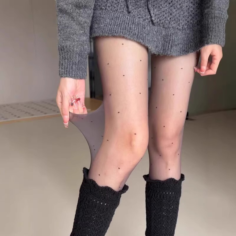 早春性感波点丝袜女防勾丝美腿薄款连裤袜搭配羊毛编织镂空小腿袜
