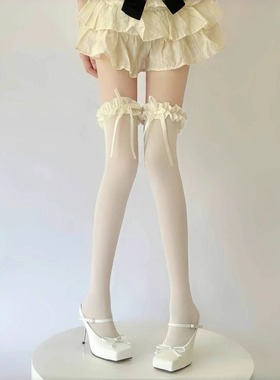 Lolita白色过膝袜夏季薄款天鹅绒高筒大腿袜纯欲花边蝴蝶结长筒袜