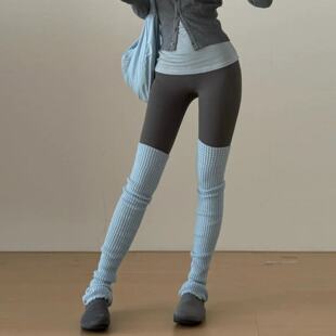 「浅雾蓝坑条」芭蕾风针织袜套护腿保暖显瘦踩脚瑜伽舞蹈过膝袜女