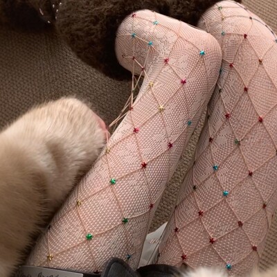 星星~Y3K烫钻彩色多巴胺渔网袜女