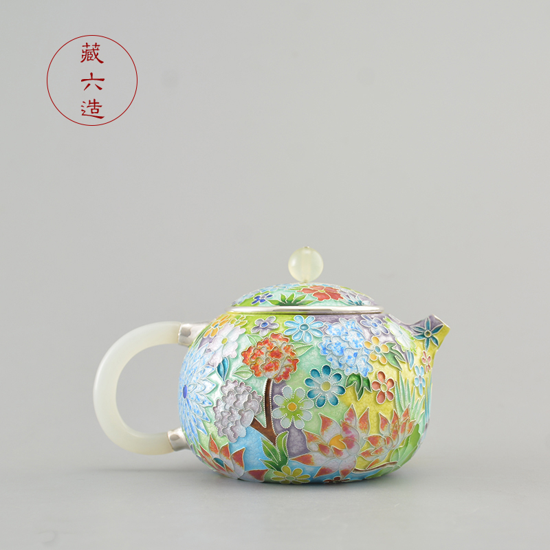 藏六造 七宝烧西施泡茶壶 纯手工一张打银壶 纯银999高端小银壶