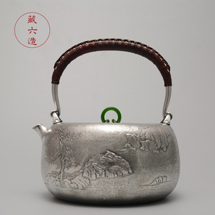 藏六造临江醉翁 纯银999烧水壶日本银壶纯手工一张打錾刻纯银茶器