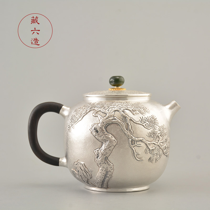 银壶 藏六造纯手工一张打纯银999松石如故泡茶壶日本小银壶银茶壶