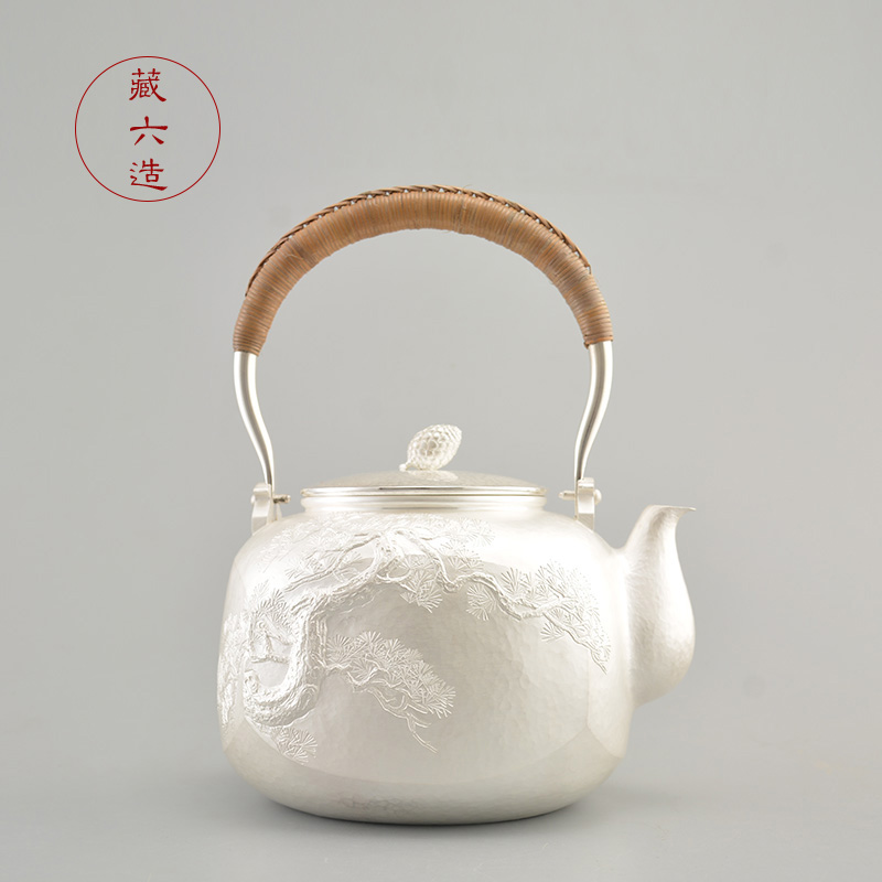 藏六造 纯银999松怀四方银壶 纯手工一张打泡茶烧水壶 日本银茶具