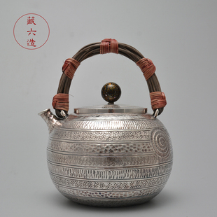 银壶 藏六造原初螺纹银壶 纯手工纯银999烧水泡茶壶煮茶器小银壶