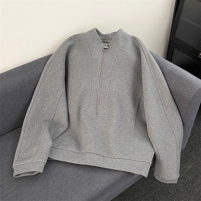 立领半拉链卫衣男春秋潮牌廓形短款衣服美式重磅宽松cleanfit外套