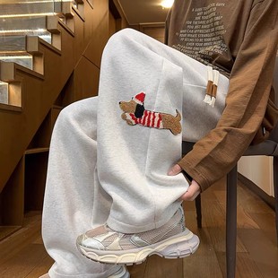 情侣百搭宽松加绒休闲阔腿裤 男女2025新款 潮 腊肠小狗刺绣大码 美式