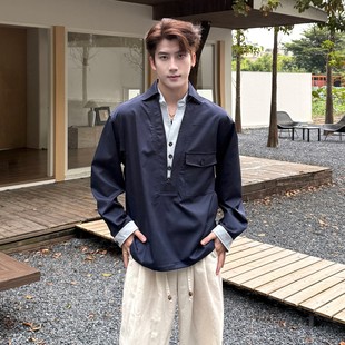 高級感痞帥襯衣美式 老錢風V領假兩件長袖 襯衫 男秋季 外套 復古工裝