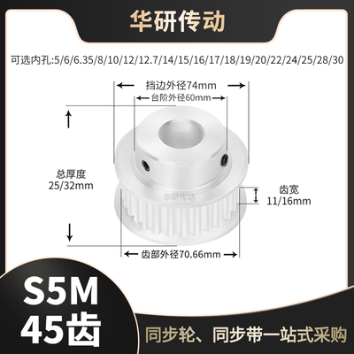 同步轮S5M45槽宽11/16BF内孔5 6 8 10 12 14151920同步带轮配件轮