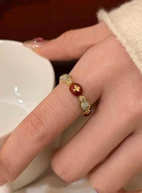 2025新款红色滴釉蝴蝶结戒指小众轻奢高级食指戒可调节复古温柔指