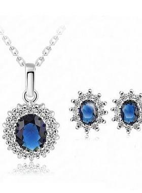 2025爆款饰品 套装欧美畅销首饰2件套蓝宝石耳钉项链套件耳饰金链