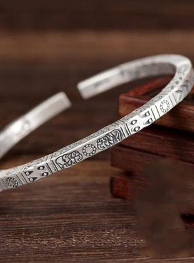 2025七尚泰银图腾个性手镯男士泰银手工实心简约复古开口镯子女款