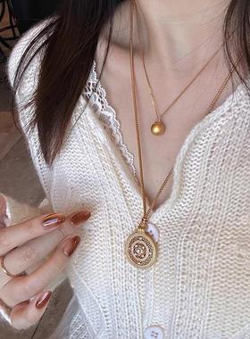 2025有求必应 新款古法沙金磨砂点钻小金球吊坠项链女叠戴锁骨链