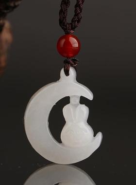 2025诚石玉器工艺品和田月亮玉兔吊坠立体雕刻兔子挂件兔玉坠带证
