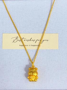 2025镀真金强保色古法沙金锤纹小熊项链精致高级百搭气质可爱甜美
