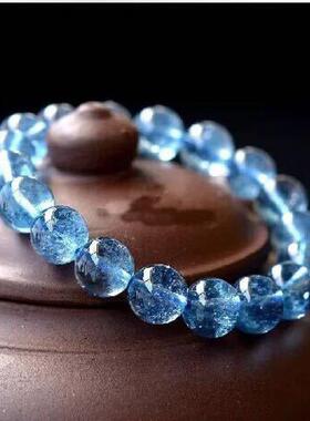 2026新品海蓝宝天然爆花水晶手串半宝石手链蓝色佛珠情侣转运蓝色