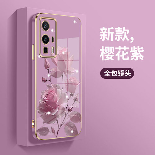适用红米K60手机壳redmik60pro粉扑玫瑰hm k60新款22127RK46C防摔redmiK60直边电镀壳23013RK75C简约时尚个性