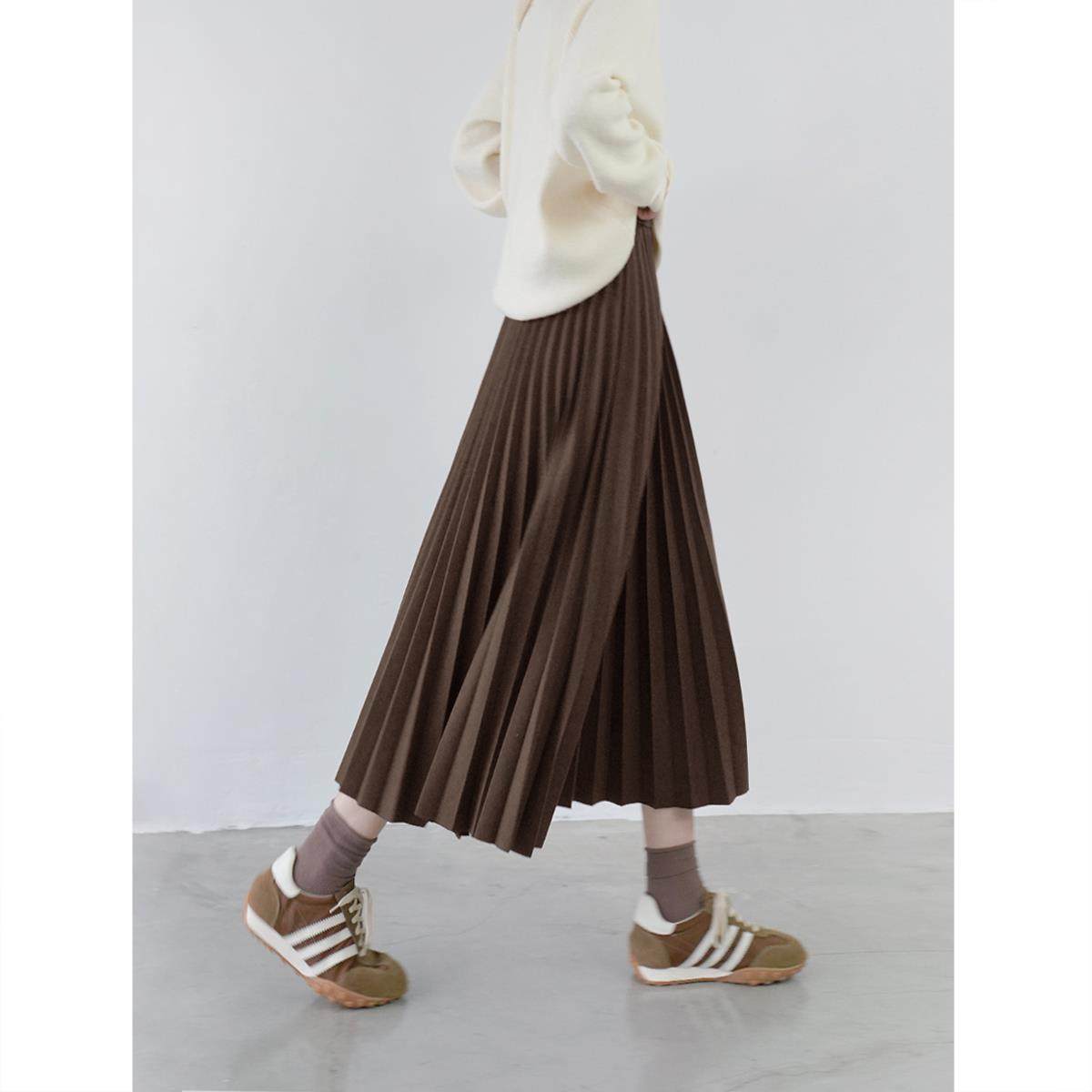 高腰毛呢风琴百褶裙半身裙女秋冬新款纯色a字裙子显瘦中长款伞裙