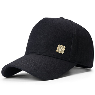 黑色羊毛高顶硬顶棒球帽男女通用金属标牌显脸小鸭舌帽户外保暖