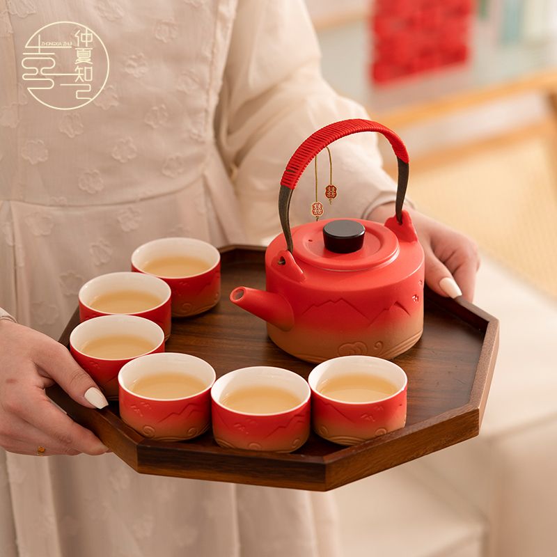 仲夏知己茶具套装结婚敬茶杯红色茶壶茶杯高档实用改口女方陪嫁