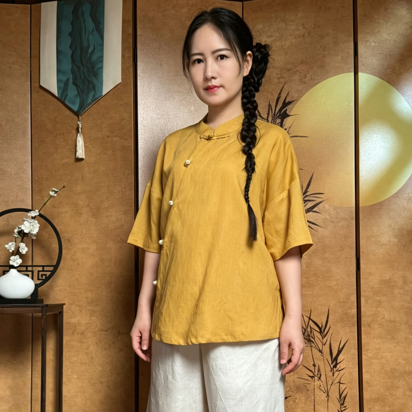 夏季天丝亚麻女款禅意盘扣太极服