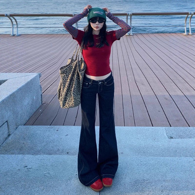 深蓝色低腰微喇牛仔裤女秋冬季2025美式不贴腿宽松显瘦垂感直筒裤