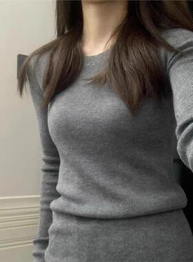 灰色圆领长袖针织衫女春秋修身显瘦正肩毛衣内搭打底衫高级感上衣
