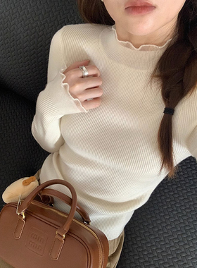 白色木耳边韩版修身长袖毛衣 女秋冬季胖妹妹显瘦针织上衣 通勤风