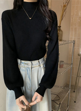 黑色打底衫女内搭秋冬洋气半高领毛衣春秋中领针织衫法式上衣外穿