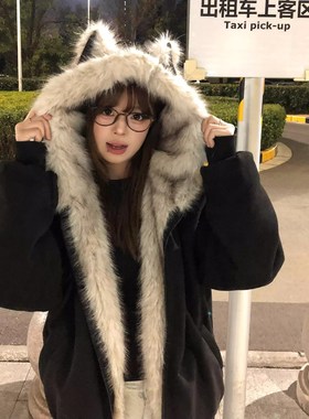 巨好看猫耳朵加绒连帽座山雕外套羽绒棉服女冬季新款保暖加厚棉袄
